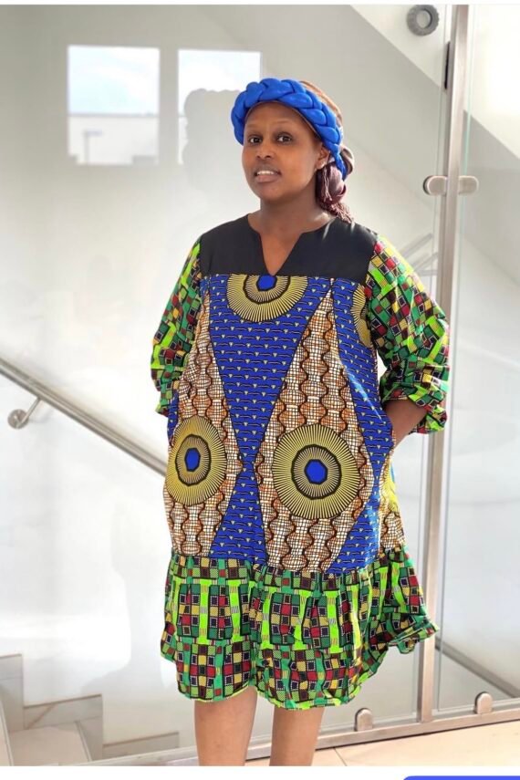 Zuri Vibrant African Print Patchwork Dress with Blue Sunburst Detail - Dress