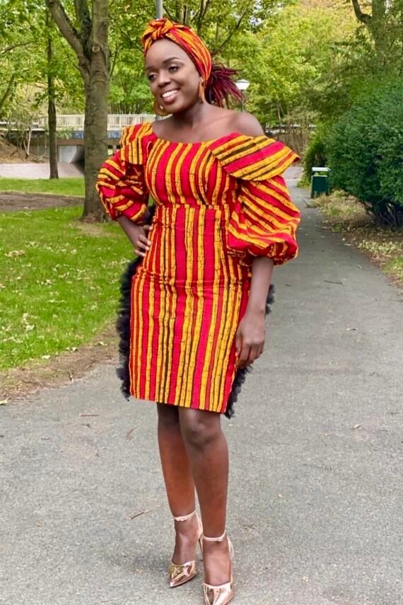 Tanji Off-Shoulder Dress – Red & Yellow Sugarcane Print